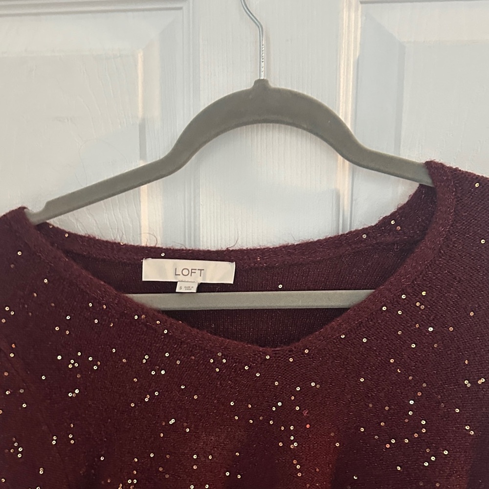 LOFT Burgundy V-Neck Sweater with Glitter Details - Picture 3 of 10